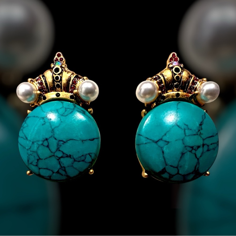 Turquoise and Gold Crown Earrings
